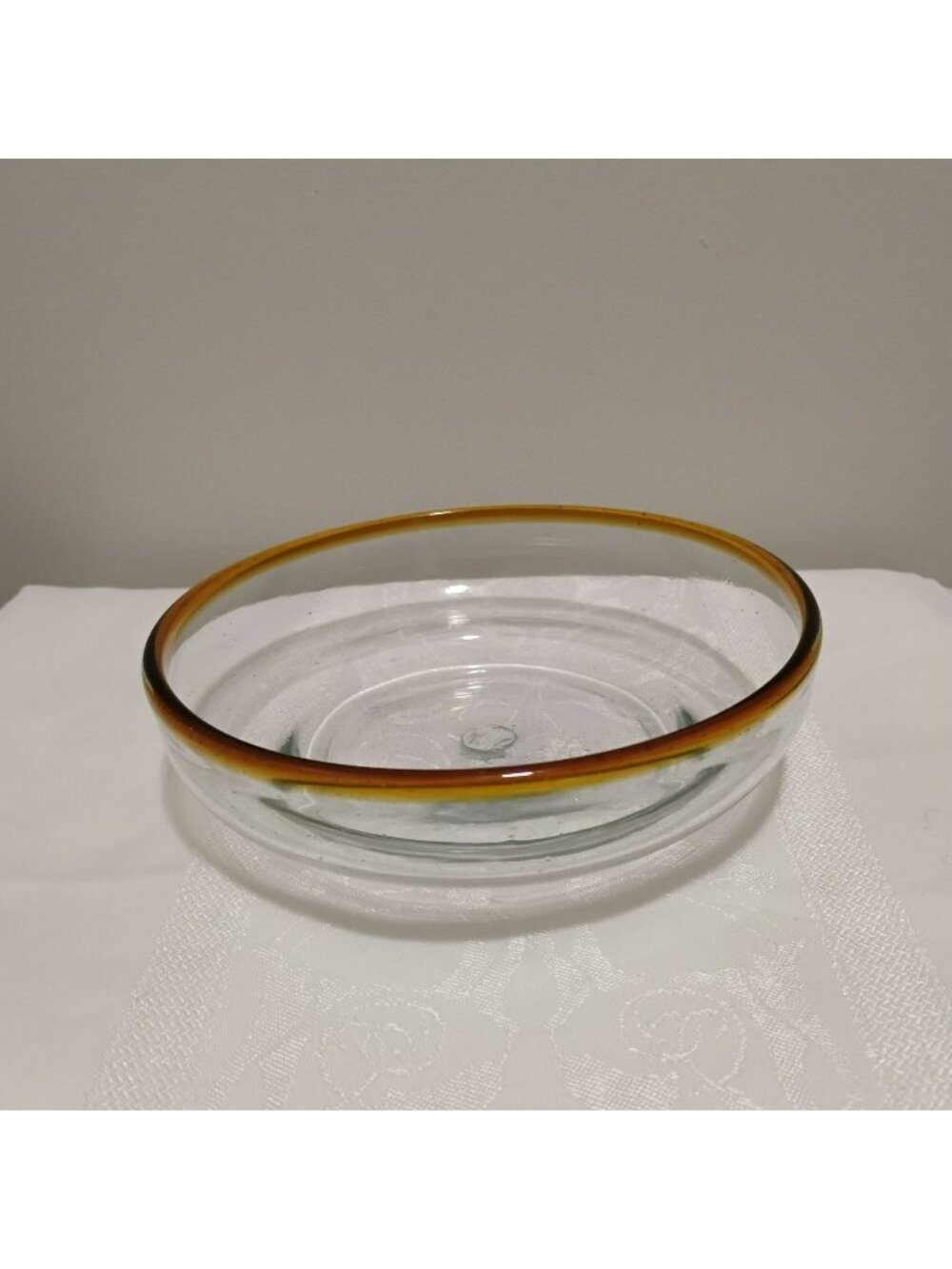 Mid-Century Modern Orange Rim Blown Glass Bowl, 7" Clear Hand-Blown Artisan Deco